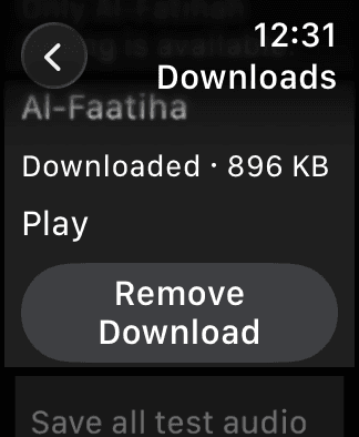 Quran on Watch downloads manager showing storage usage and reciter options
