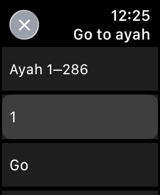 Quran on Watch quick jump dialog to go directly to any ayah