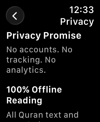 Quran on Watch on-device privacy policy screen