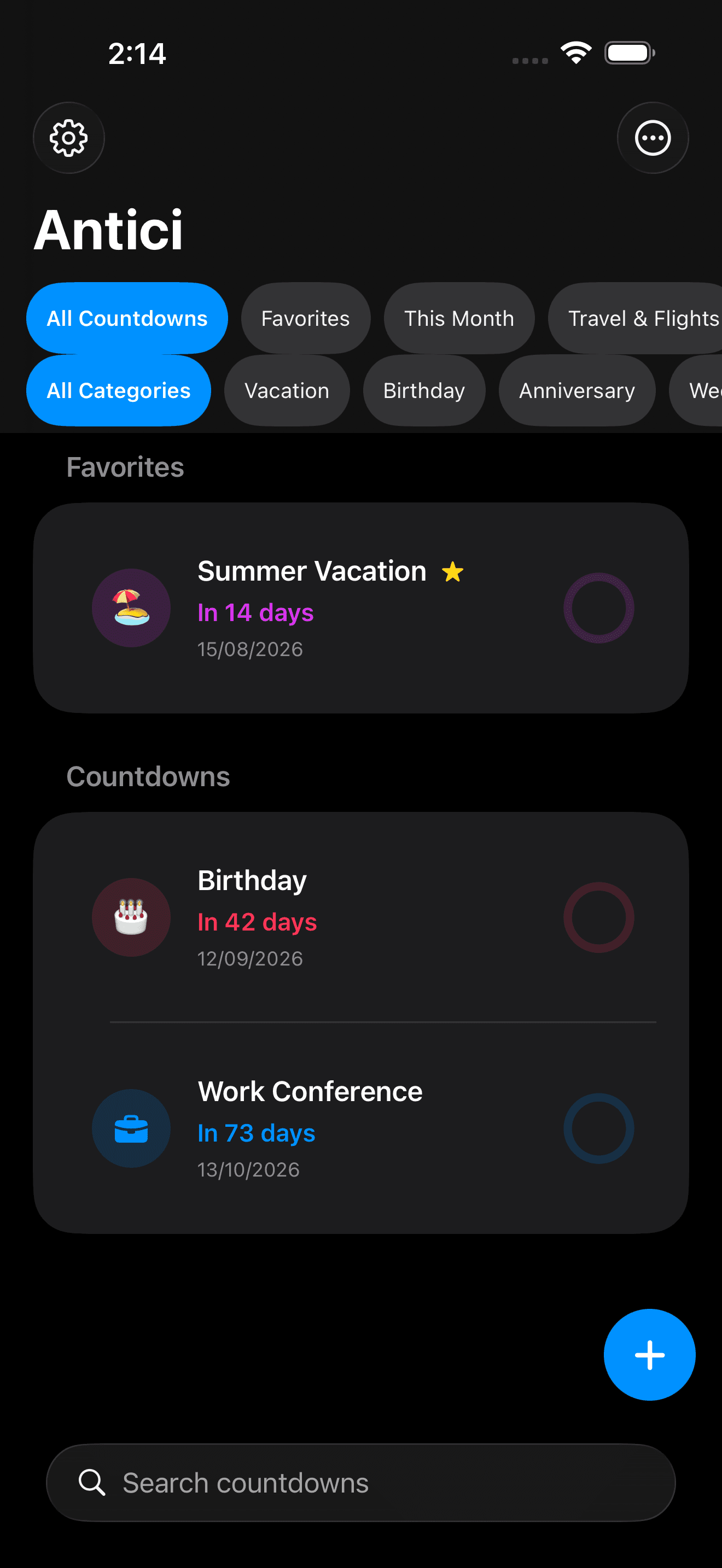Awtici home screen showing upcoming countdowns