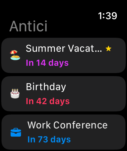 Upcoming countdowns in the Awtici Apple Watch app