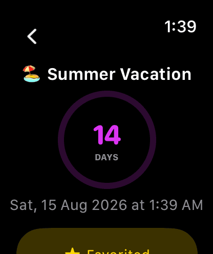 Awtici Apple Watch detail screen for a vacation countdown